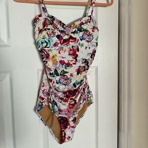 DownEast Floral One-Piece Swimsuit in White Multi Size Small